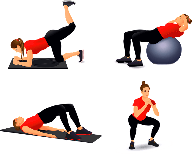 4명의 여자가 빨간 나시티와 검정 쫄바지를 입고 헬스장에서 운동한다. 탱탱볼에 앉아 운동하고, 다리를 올려 운동하기도 한다.