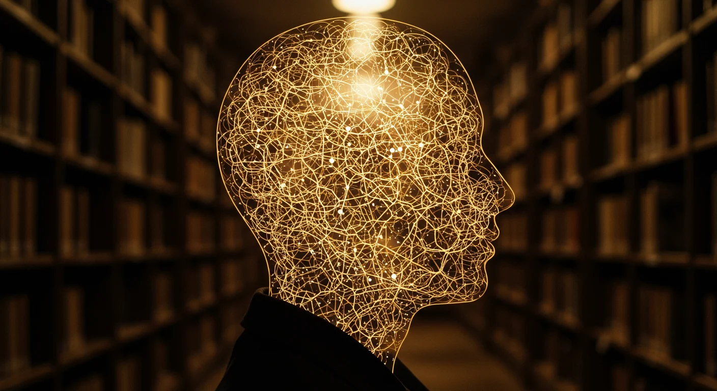 도서관의 책을 보며 머릿속에서 지식을 구조화하여 기억의 궁전을 만드는 사람의 모습.