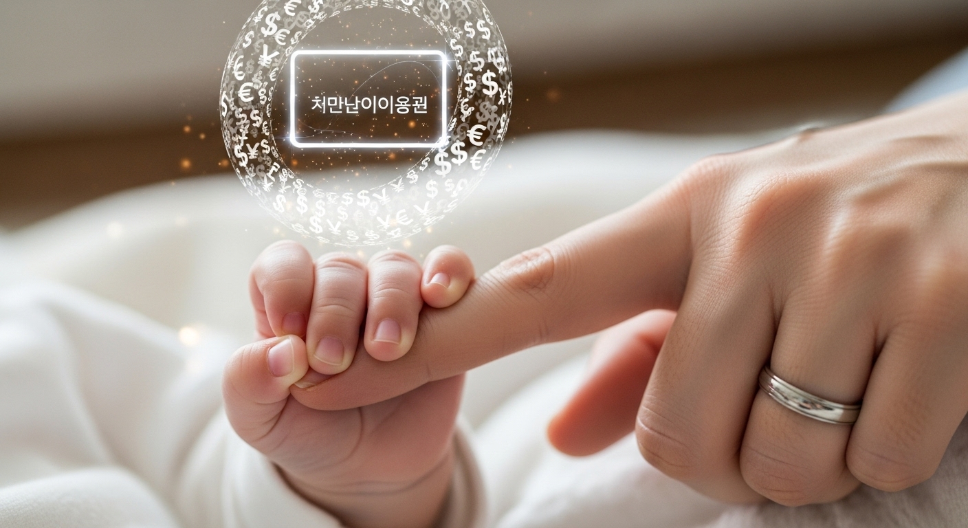 아기의 작은 손이 어른 손가락을 잡고 있고, 그 위에 첫만남이용권을 상징하는 바우처 이미지가 디지털 형태로 떠오르는 모습