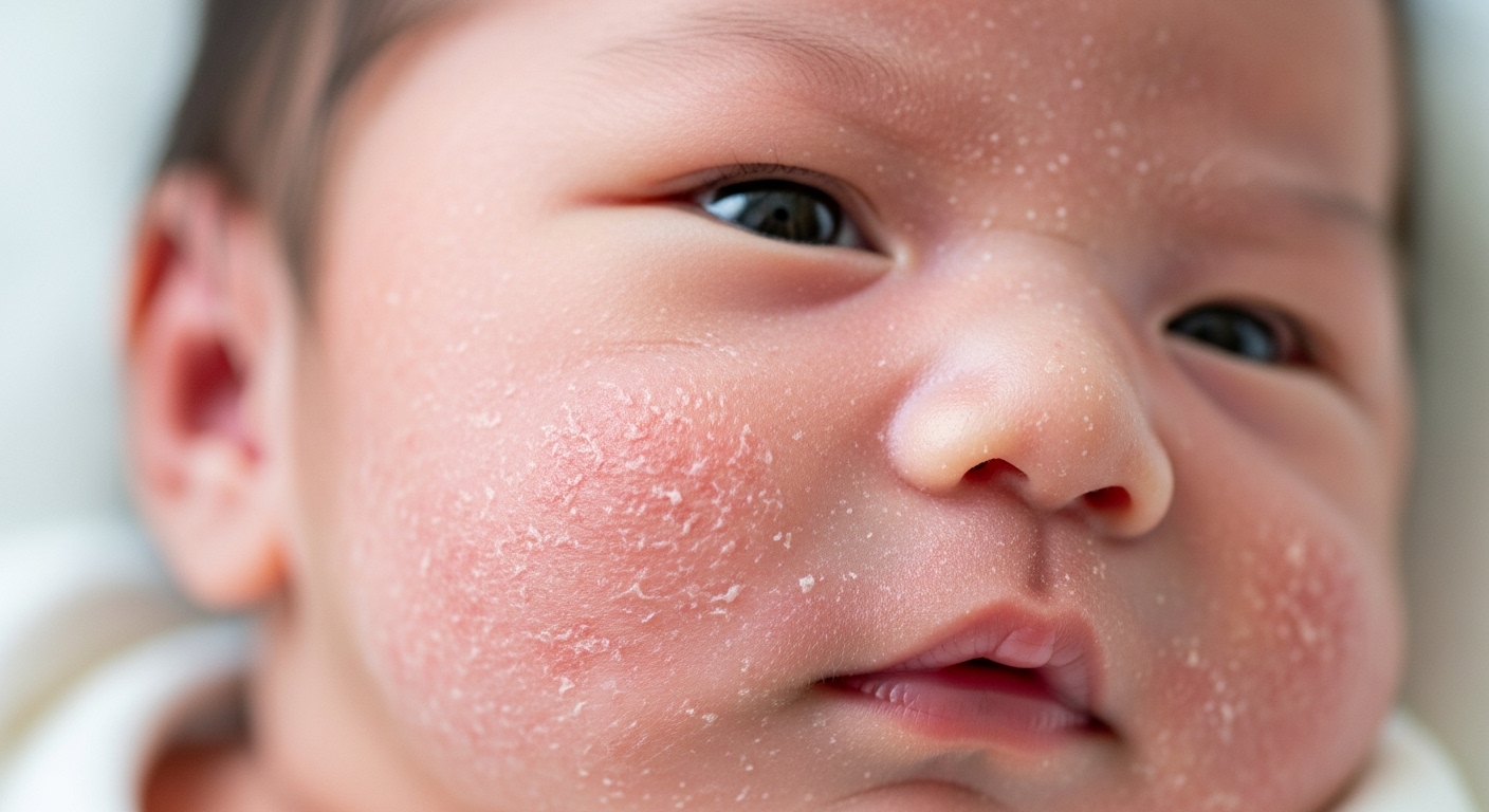 신생아 이마와 볼에 붉게 오돌토돌하게 올라온 태열 발진 클로즈업 사진.