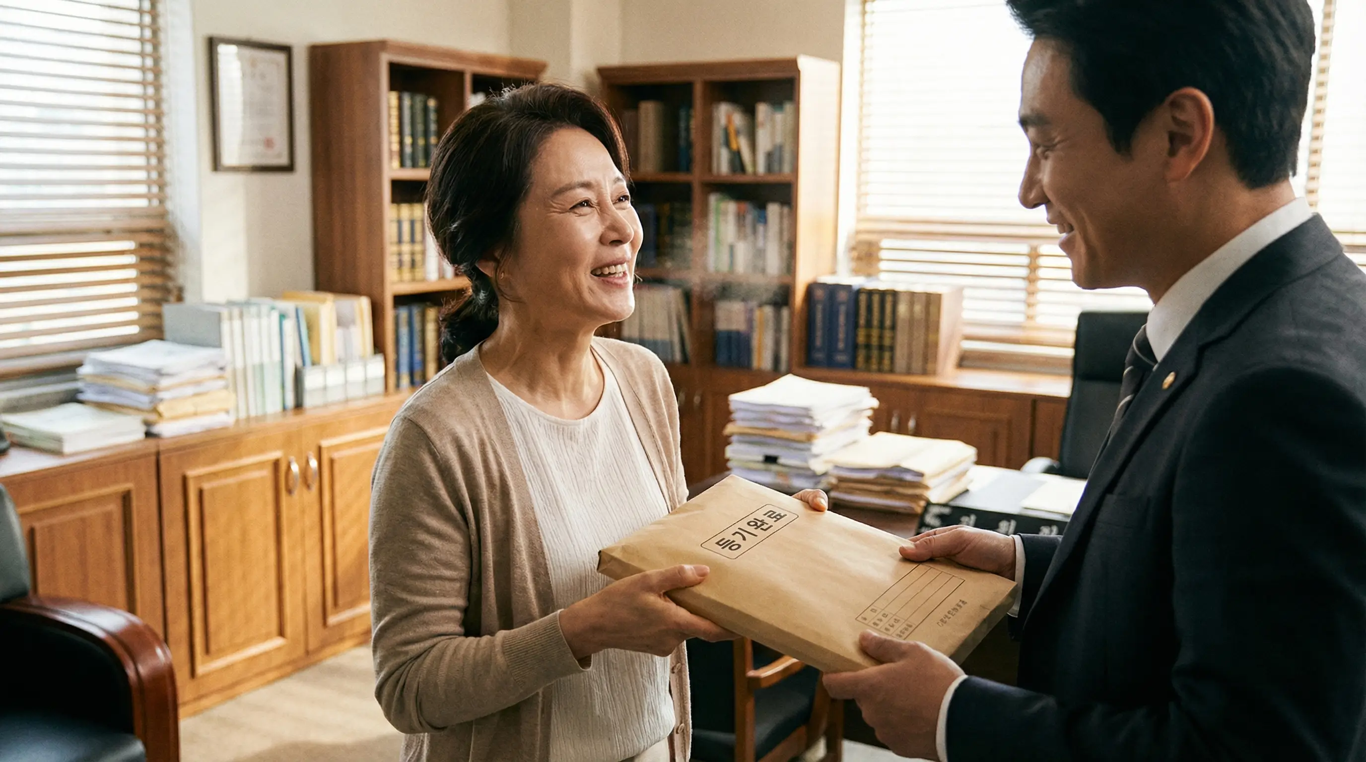 법무사 사무실에서 상속인이 '등기 완료(Registration Complete)'라고 적힌 두툼한 서류 봉투를 건네받으며, 복잡한 일에서 해방된 듯 편안하게 웃는 모습입니다.