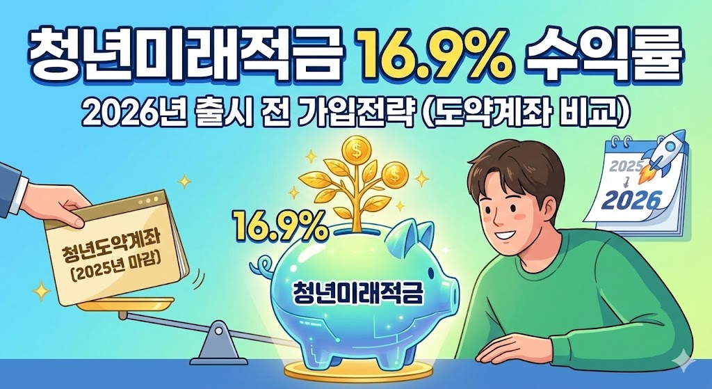 청년미래적금 16.9% 수익률과 청년도약계좌 비교. 청년이 돼지 저금통에 돈을 넣는 일러스트.