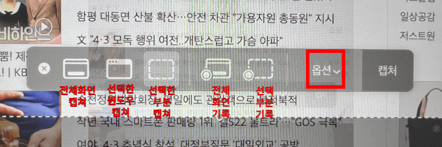 캡쳐 단축키를 눌렀을 때 나오는 캡쳐 설정 페이지의 아이콘 설명