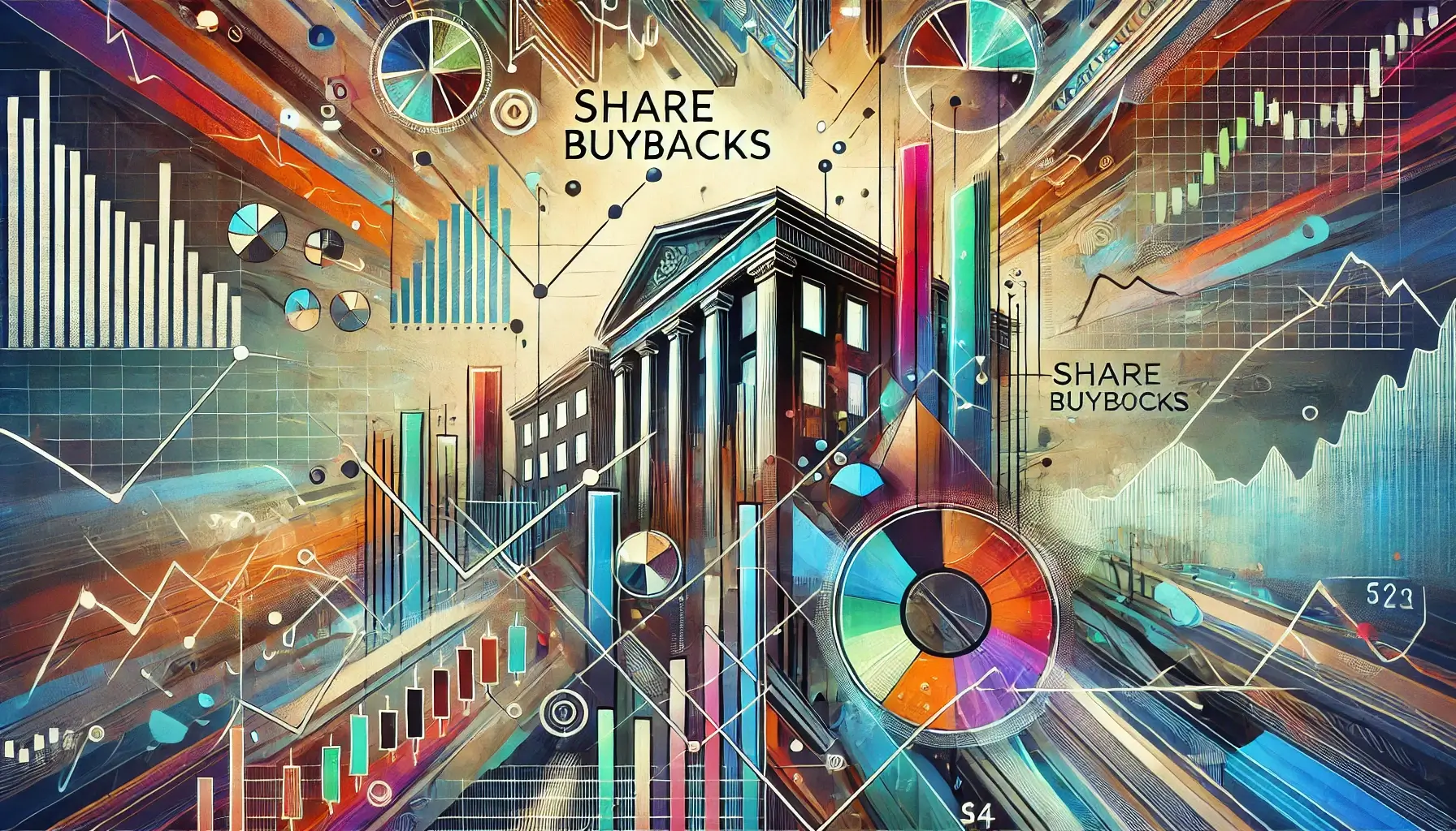 자사주 매입과 관련된 그림이다 가온데 정부와 관련된 건물이 있고, 그주변으로 그래프들이 무작위로 나열되어 있다.