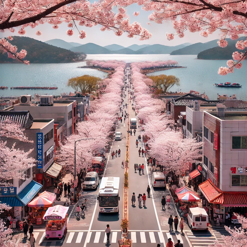 대청호 벚꽃축제 거리 풍경&amp;#44; 벚꽃으로 가득한 26.6km 벚꽃길과 상점가&amp;#44; 드라이브 차량과 관광객 모습 