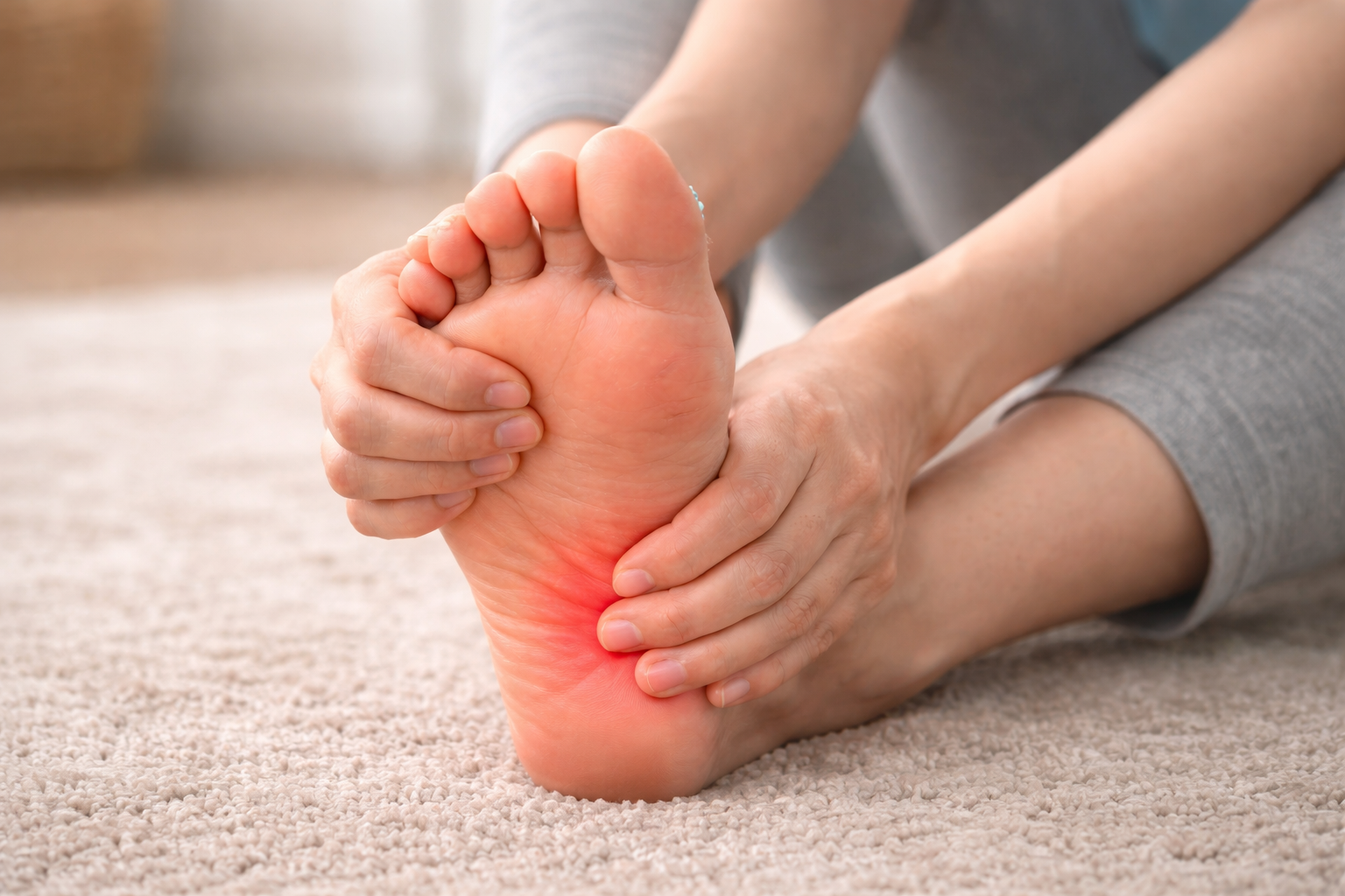 족저근막염으로 발을 주무르고 있는 사진