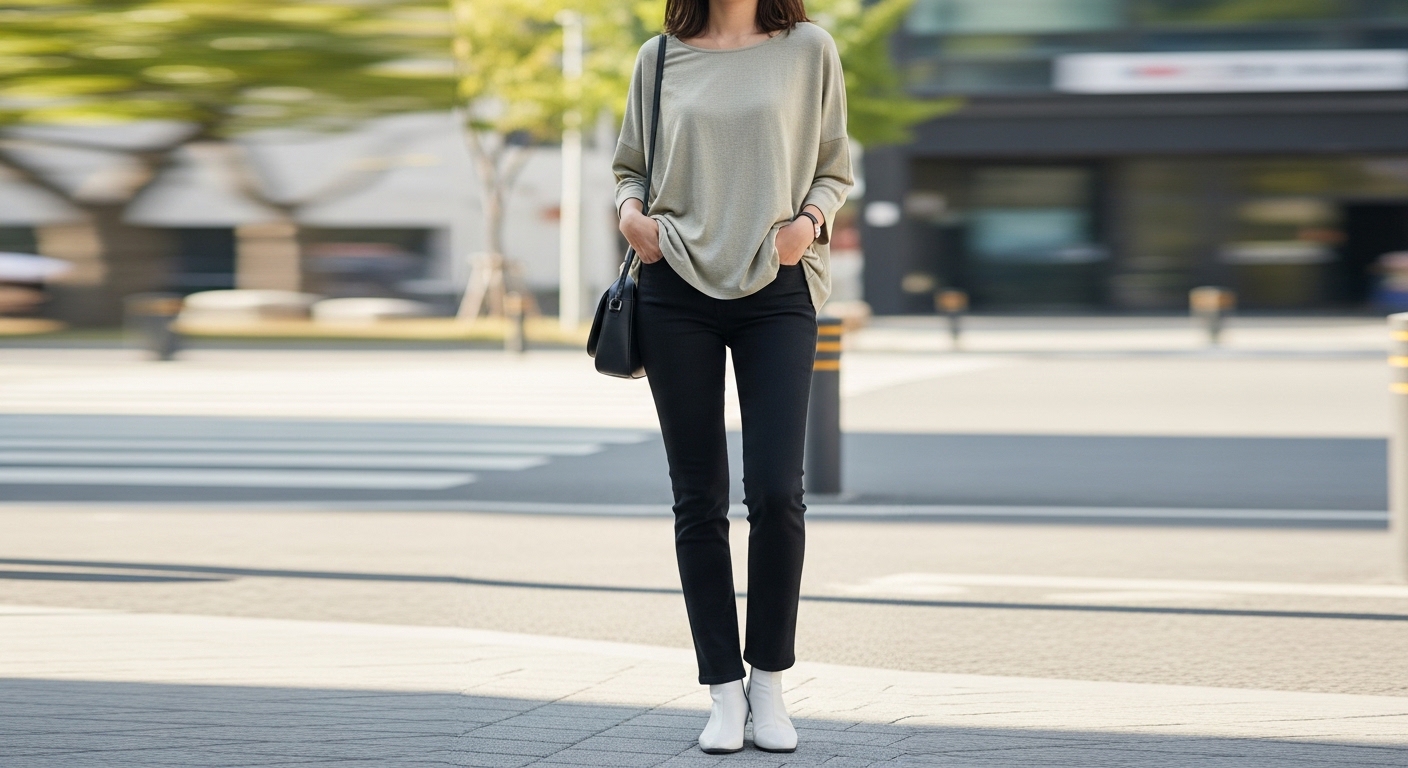 과하지 않은 루즈핏 상의와 슬림한 하의를 매치하여 균형 잡힌 실루엣을 보여주는 코디