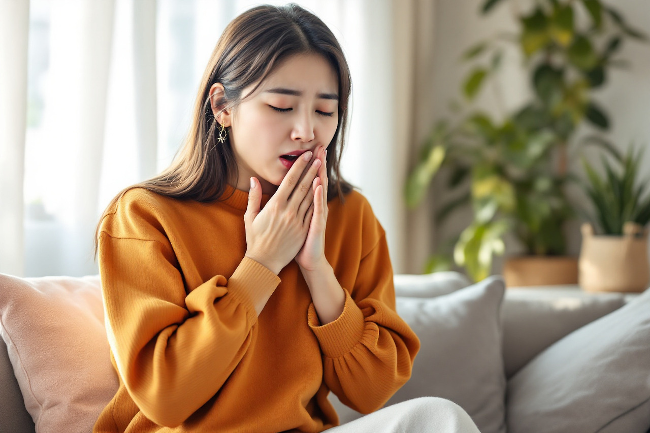 기침을 하려고 하는 여자 이미지
