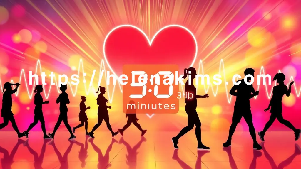 밝고 활기찬 배경 중앙에 규칙적으로 움직이는 사람들의 운동 실루엣. 그 주위를 건강하게 고동치는 심장 박동이 빛의 파동으로 감싸며, '30분'을 나타내는 타이머가 있는 이미지.