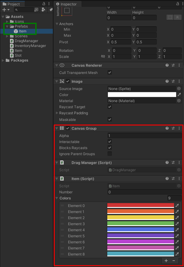 Item prefab 설정 이미지