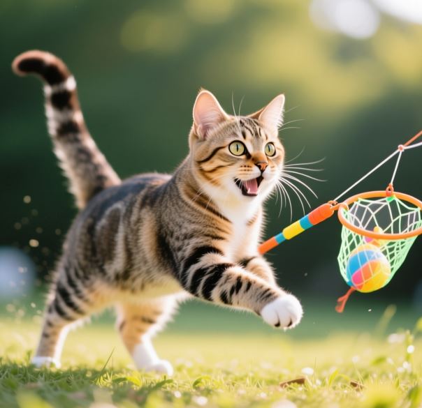 낚시대 장난감으로 고양이와 놀아주는 장면