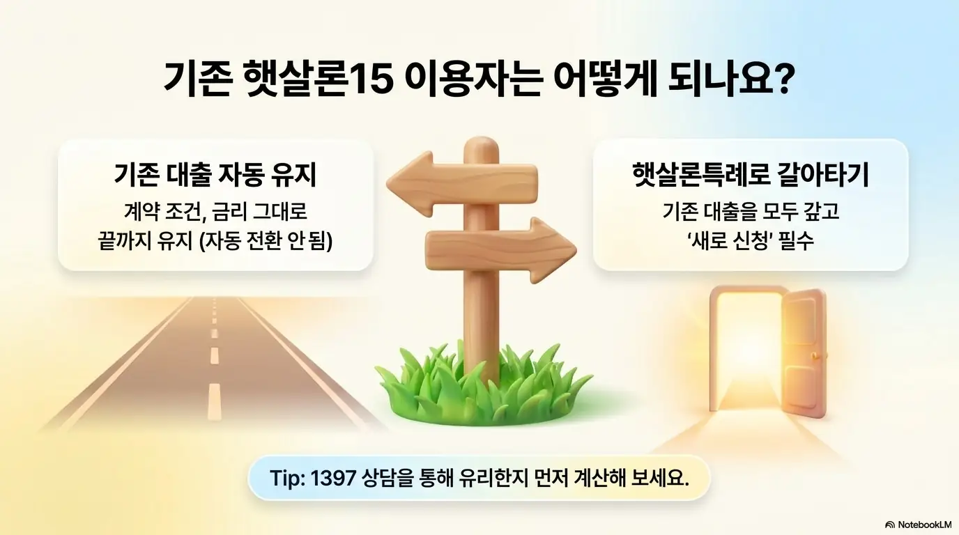 햇살론특례 자격: 기존 대출 자동 유지와 햇살론특례로 갈아타기라는 두 갈래 길을 갈림길 표지판으로 표현한 이미지. 이 이미지는 기존 햇살론15 대출은 계약 조건과 금리가 그대로 유지되어 자동 전환되지 않으며 더 낮은 금리로 가려면 새로 신청해야 한다는 점과 1397 상담 안내를 시각적으로 전달하며&amp;#44; 블로그의 기존 햇살론15 이용자 전환 안내와 관련된 내용을 설명함