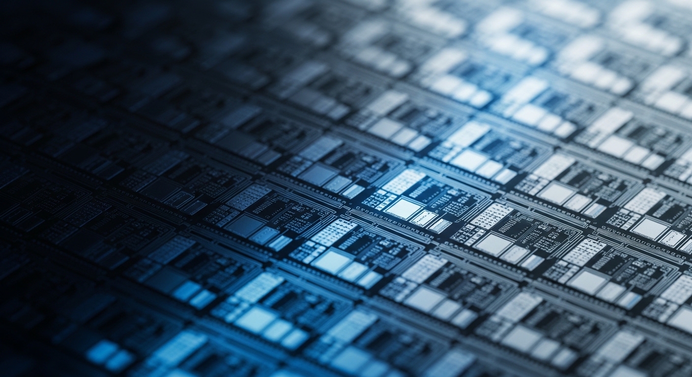 A close-up, high-detail macro shot of a semiconductor wafer with intricate circuit patterns, some parts glowing in cool blue and others fading in shadow, representing a transition or peak phase. Photorealistic, tech-focused, bokeh background.