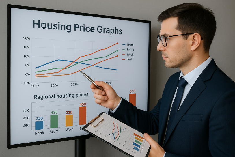 부동산 지표 그래프 앞에서 지역별 공시가격을 비교하는 분석가의 모습