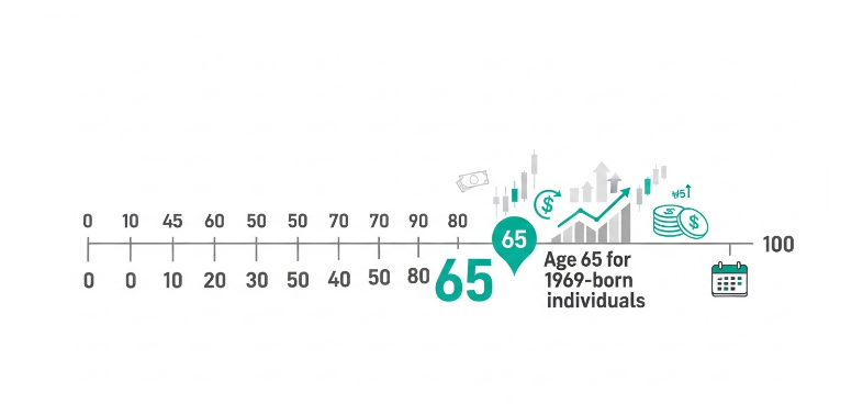 1969년생의 국민연금 수령나이 65세를 강조한 연금 수령 시기 안내 타임라인.