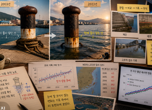 오래된 항구 사진과 최근 사진을 펼쳐 놓고 물이 닿는 기준선의 이동을 추적하는 해수면 상승 관찰 장면