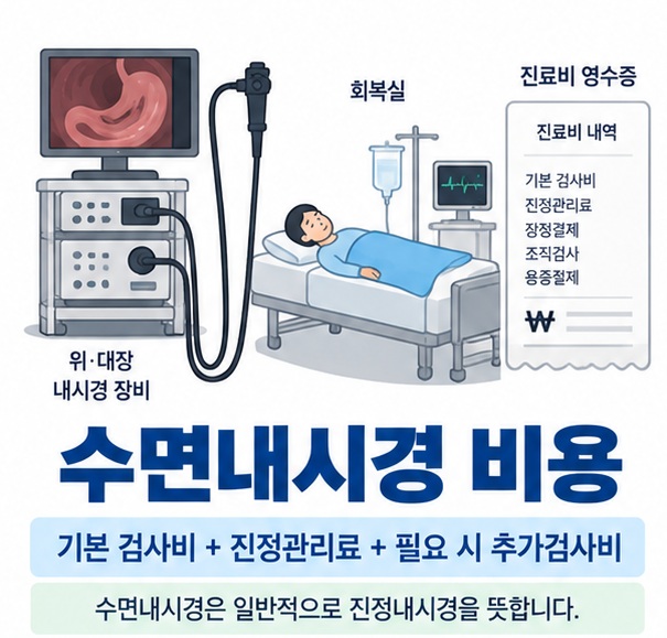 수면내시경 비용과 위내시경 대장내시경 진정관리료 추가비용 구조를 보여주는 의료 교육용 이미지