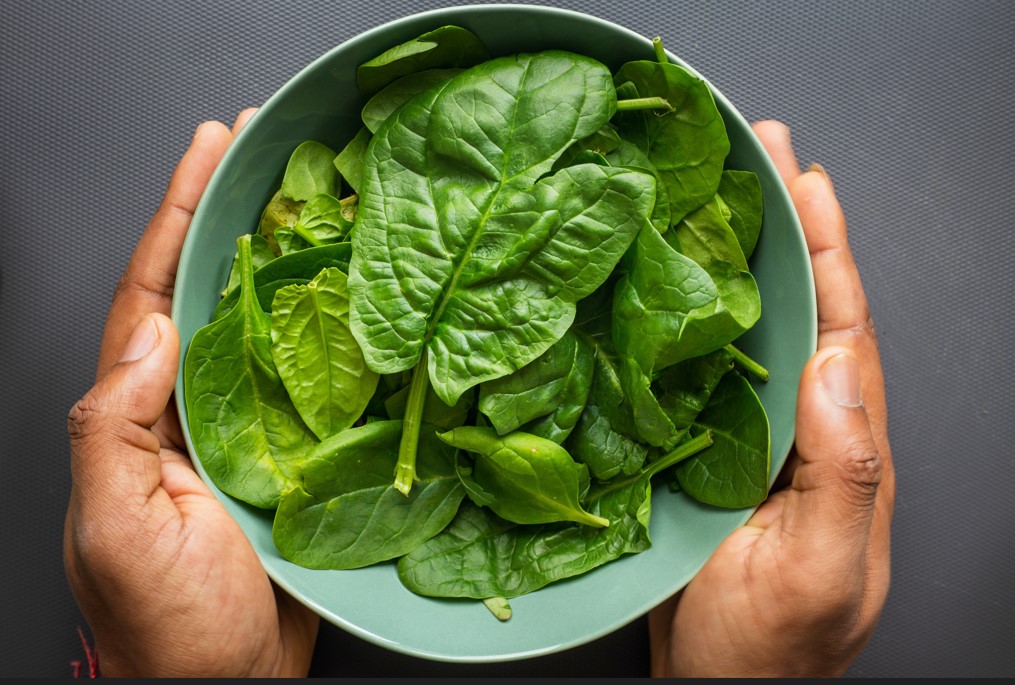 유기농 시금치가 담긴 접시를 두손으로 들고 있다