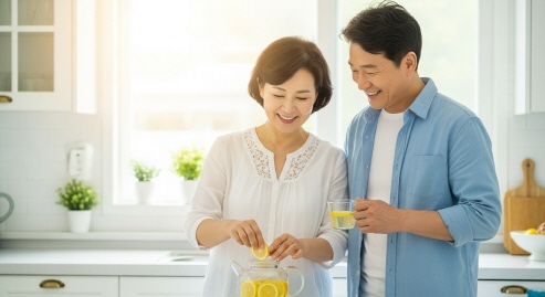 여름철 레몬차를 만드는 중년 부부&amp;#44; 웃는 얼굴