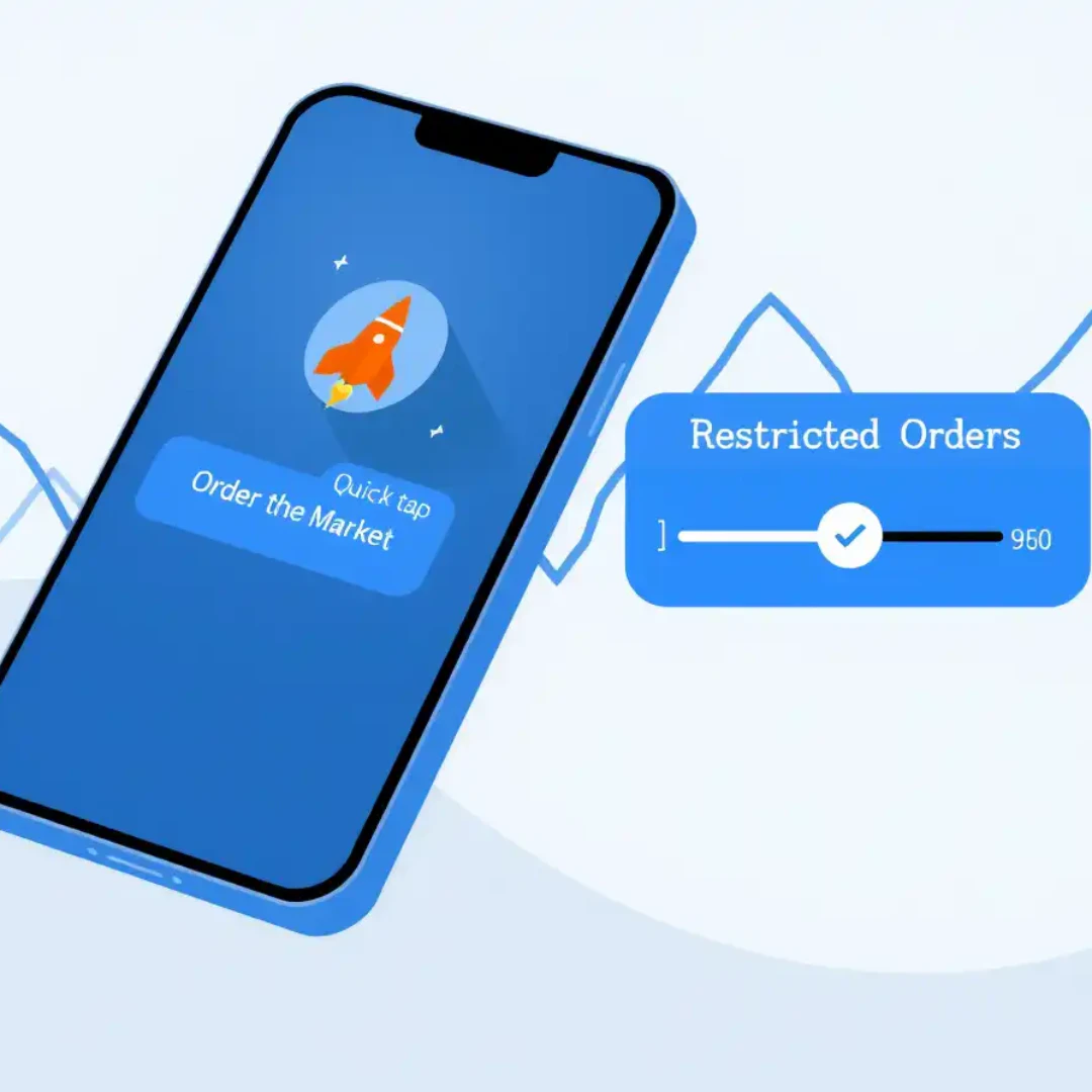 스마트폰에 시장가를 로켓으로 지정가를 선으로 표현한 이미지