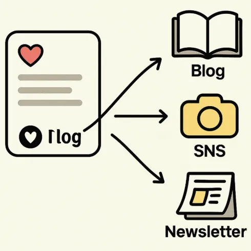 트위터에서 좋아요를 누른 콘텐츠가 블로그, SNS, 뉴스레터로 분기되는 자동화 흐름을 보여주는 일러스트. 왼쪽에는 하트를 누른 카드 형태의 트윗이 있고, 오른쪽에는 Blog, SNS, Newsletter로 향하는 화살표가 이어져 있다