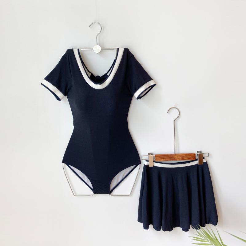 배색 라인 리본 포인트 모노키니 치마set 투피스 수영복 (44-77까지)
