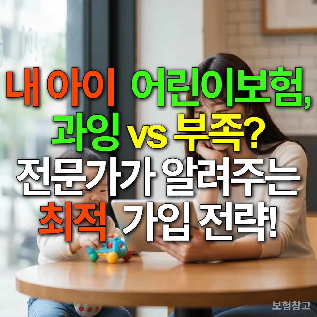 카페에서 태블릿으로 어린이보험을 알아보는 젊은 엄마와 옆에서 장난감을 가지고 노는 아기의 모습