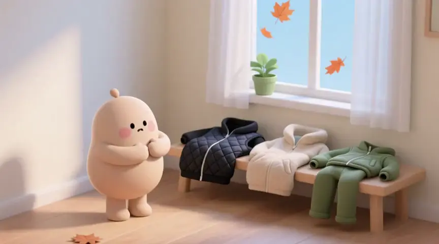 겉옷들 앞에서 고민하는 캐릭터의 움직이는 장면