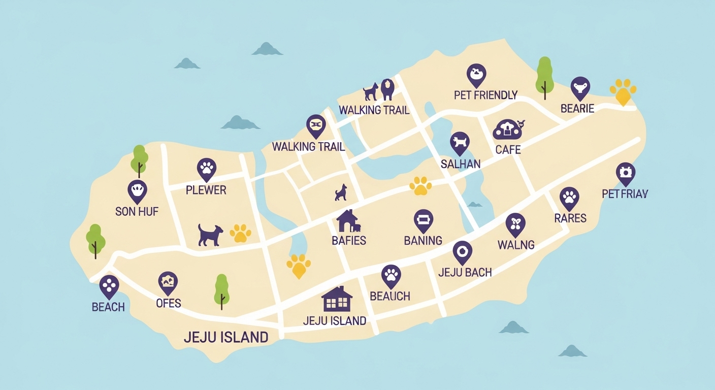 제주도 지도에 표시된 반려동물 동반 가능 산책로, 카페, 해변 등 펫 프렌들리 명소들.
