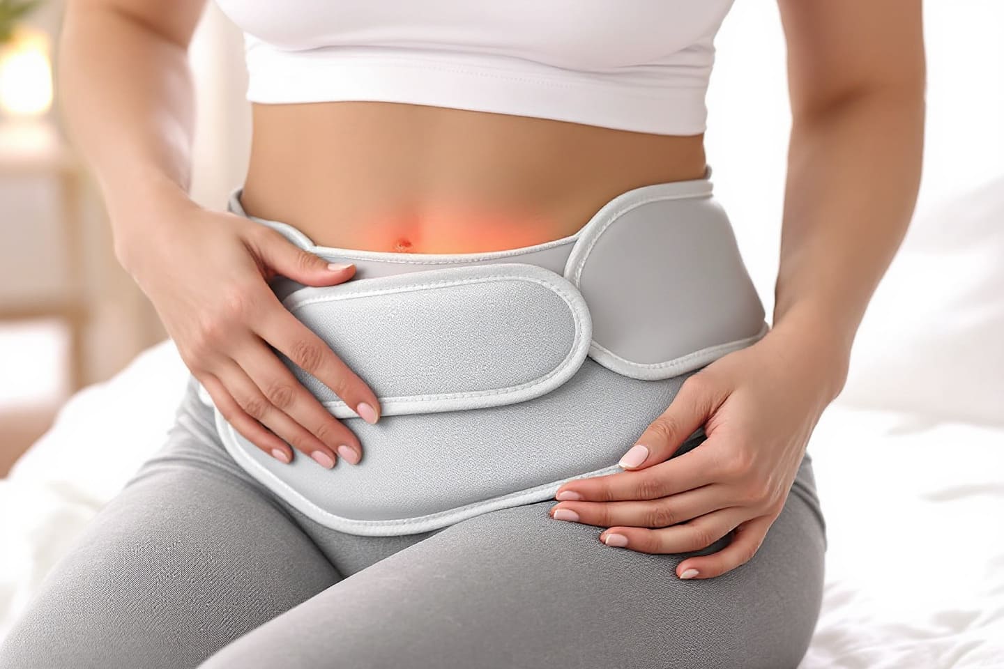 복부에 온열찜질을 하는 여성