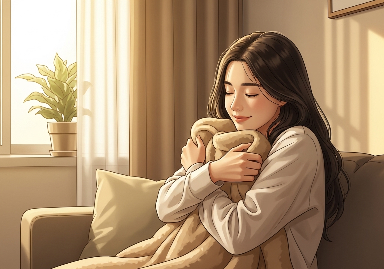 주말 낮에 담요를 끌어 안고 행복을 느끼는 여성 일러스트