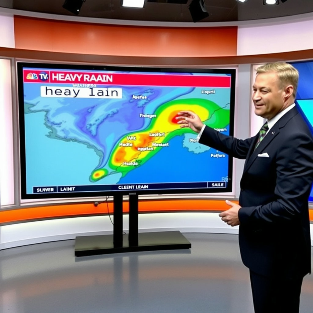 기상 캐스터가 화면을 가리키며 호우 예상도를 설명하고 있고&#44; 배경으로는 강수량 분포나 특보 지역 지도가 함께 나타납니다. 신뢰감 있고 전문적인 분위기를 표현합니다.