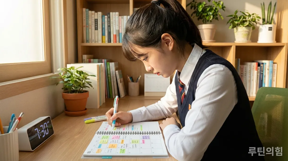 효율적인 학습 루틴을 위해 플래너를 작성하는 한국 고등학생