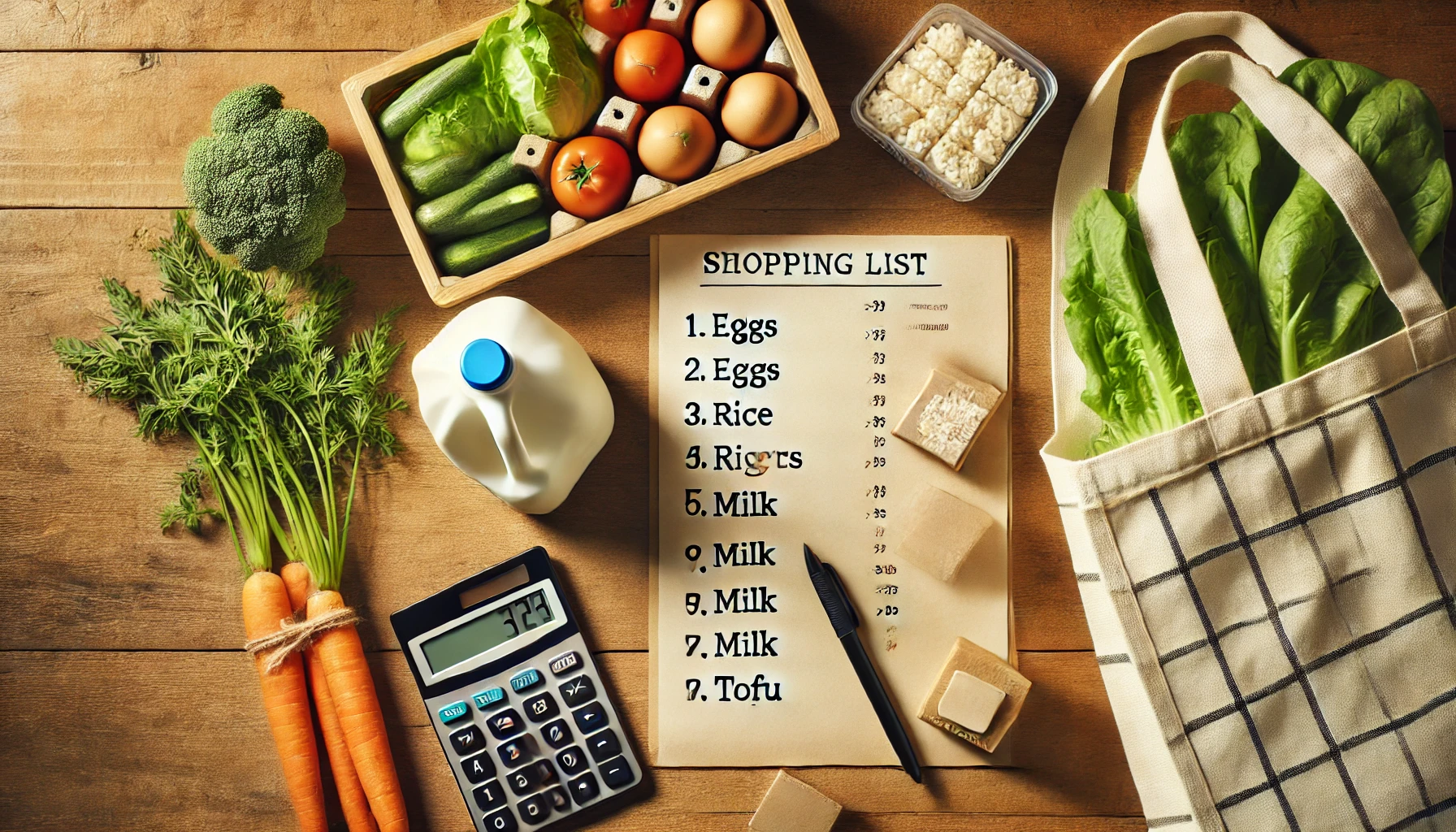 주방 테이블 위에 장보기 체크리스트, 신선한 채소, 계산기, 장바구니가 함께 놓인 따뜻한 분위기