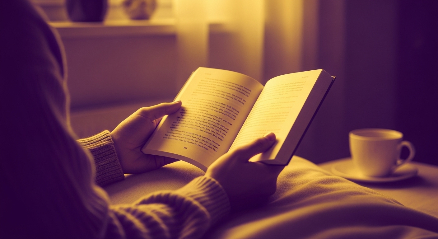 따뜻한 보랏빛과 노란빛 조명 아래, 손으로 작은 시집을 들고 있는 모습. 평화로운 분위기에서 위로를 받는 느낌을 주는 이미지.