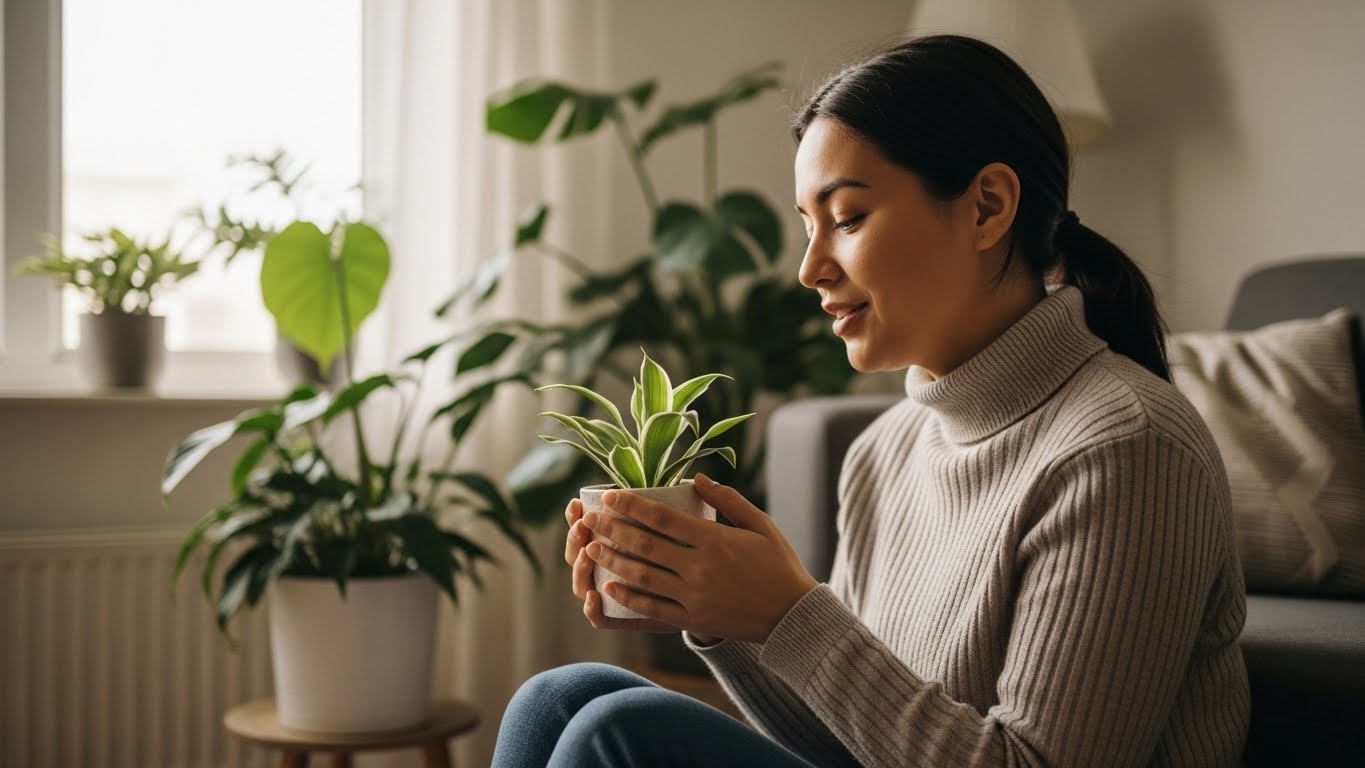 사람이 작은 화분을 두 손으로 감싸며 식물에게 조용히 이야기하는 장면. 자연광이 들어오는 평온한 거실에서 연결감과 돌봄의 분위기를 느낄 수 있는 모습.