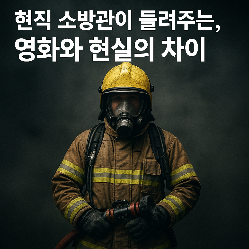 방독면쓴-노란헬멧-소방관-연기자욱한배경-영화와현실의차이-문구포함