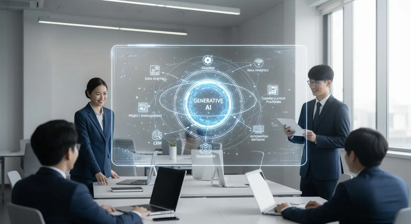 <img src="generative_ai_combines_tools_to_maximize_business_performance.webp" alt="생성형 AI가 다양한 도구를 조합해 조직 성과를 극대화하는 전략을 표현한 이미지 입니다">