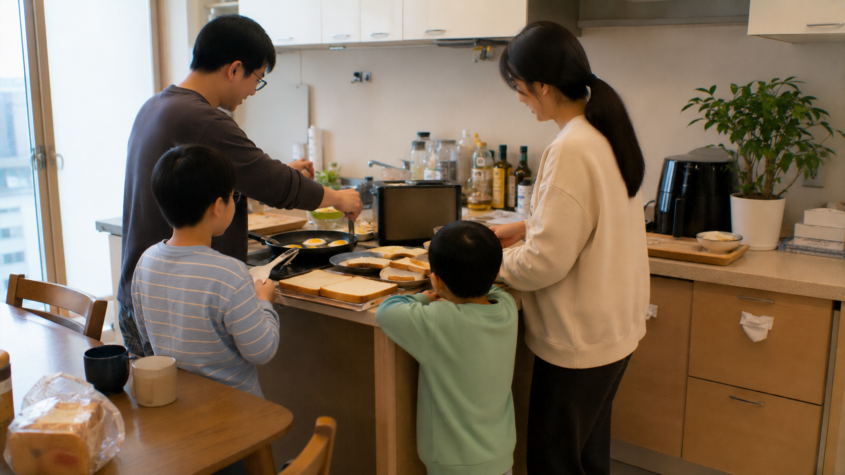 토요일 아침 함께 식사를 준비하는 가족