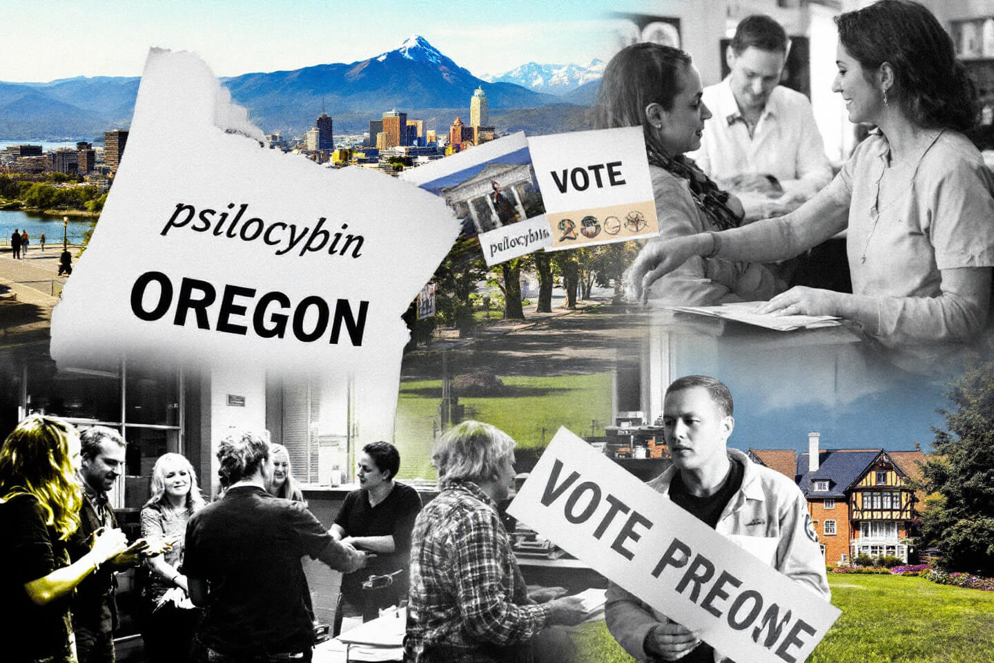A dynamic collage of Oregon&rsquo;s landmarks, black-and-white voting imagery, and citizens discussing psilocybin legalization. Signs and votes reflect the democratic process and public involvement.