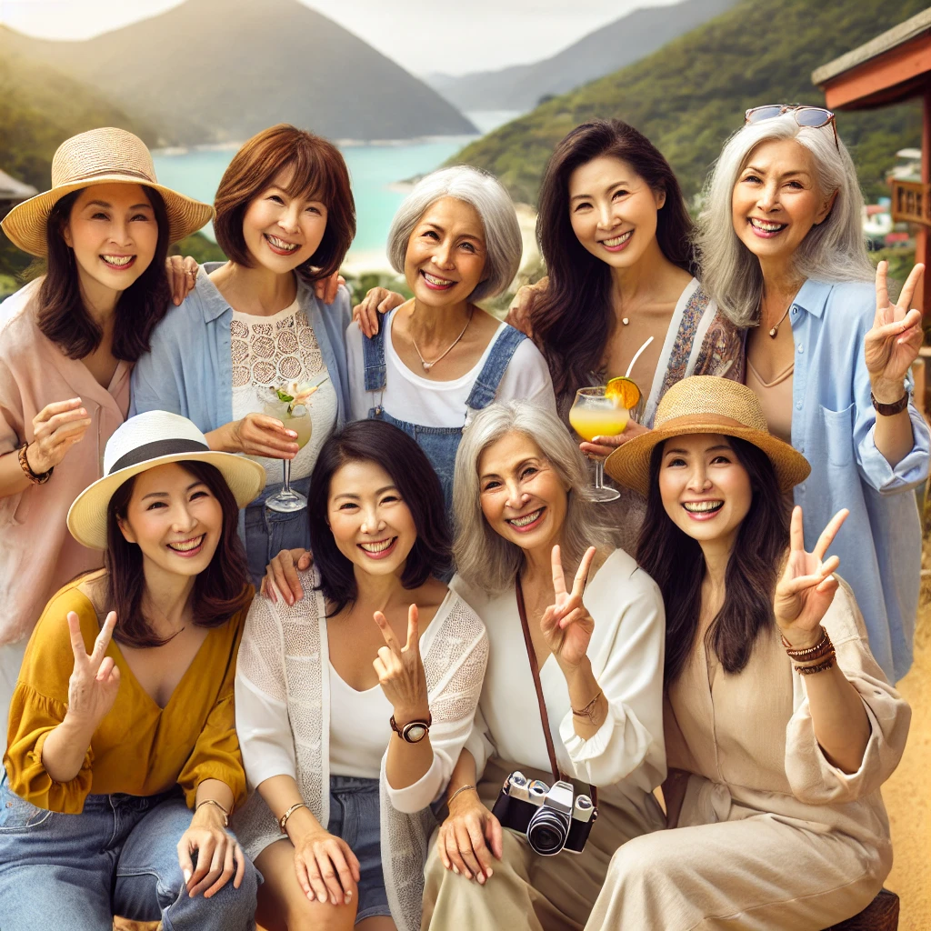 친구 계모임으로 여행가서 단체사진 찍는 사진