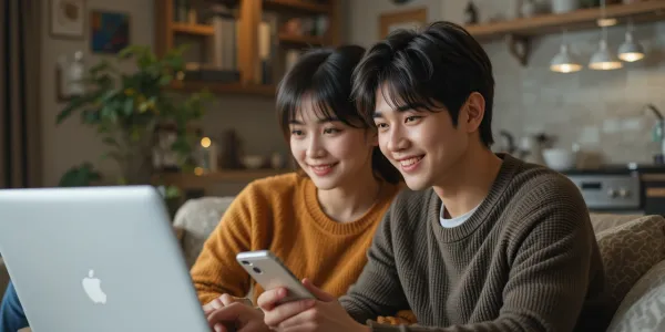 가정집에서 함께 모바일 요금제를 바꾸는 커플