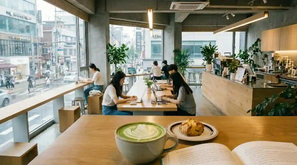 카페에 공부하는 몇몇 사람과 다른 한쪽 테이블 위에 녹차라떼가 놓여 있음.