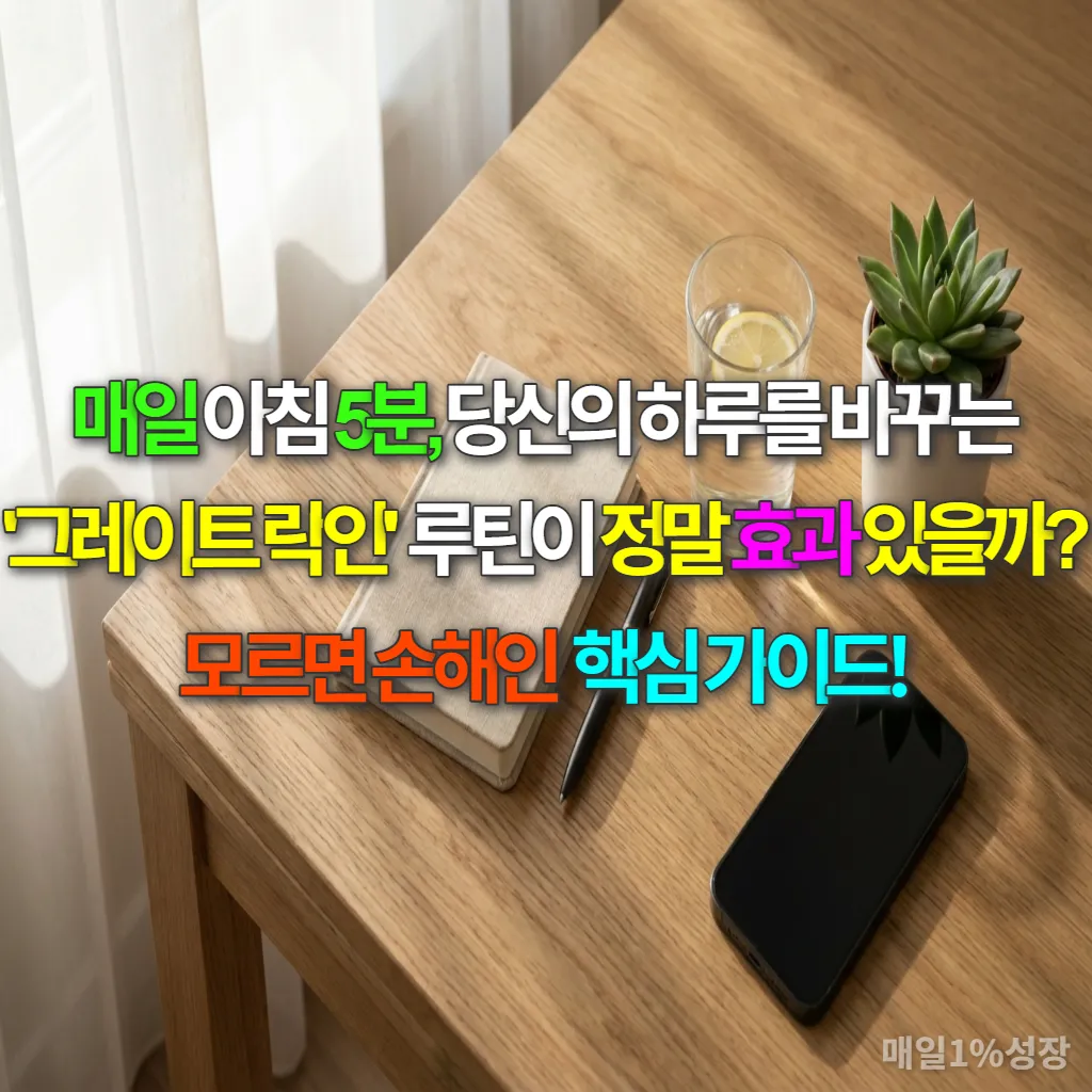 아침 5분 루틴을 위한 물 한 잔, 노트, 펜, 작은 식물이 놓인 깔끔한 나무 테이블