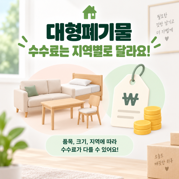 대형폐기물 배출 수수료가 품목 크기와 지역에 따라 달라질 수 있음을 안내하는 이미지