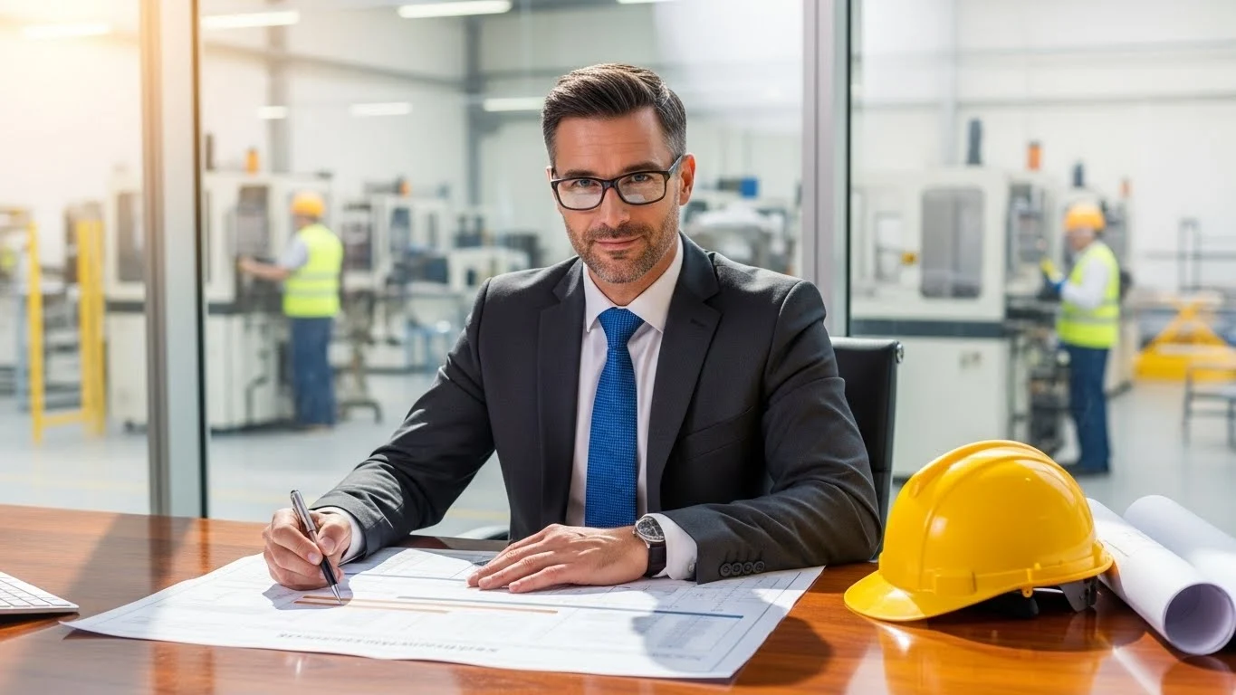 경영 책임자가 공장 근로자들을 보호하는 안전보건관리체계 청사진을 검토하며 중대재해 예방 의무를 이행하는 모습.