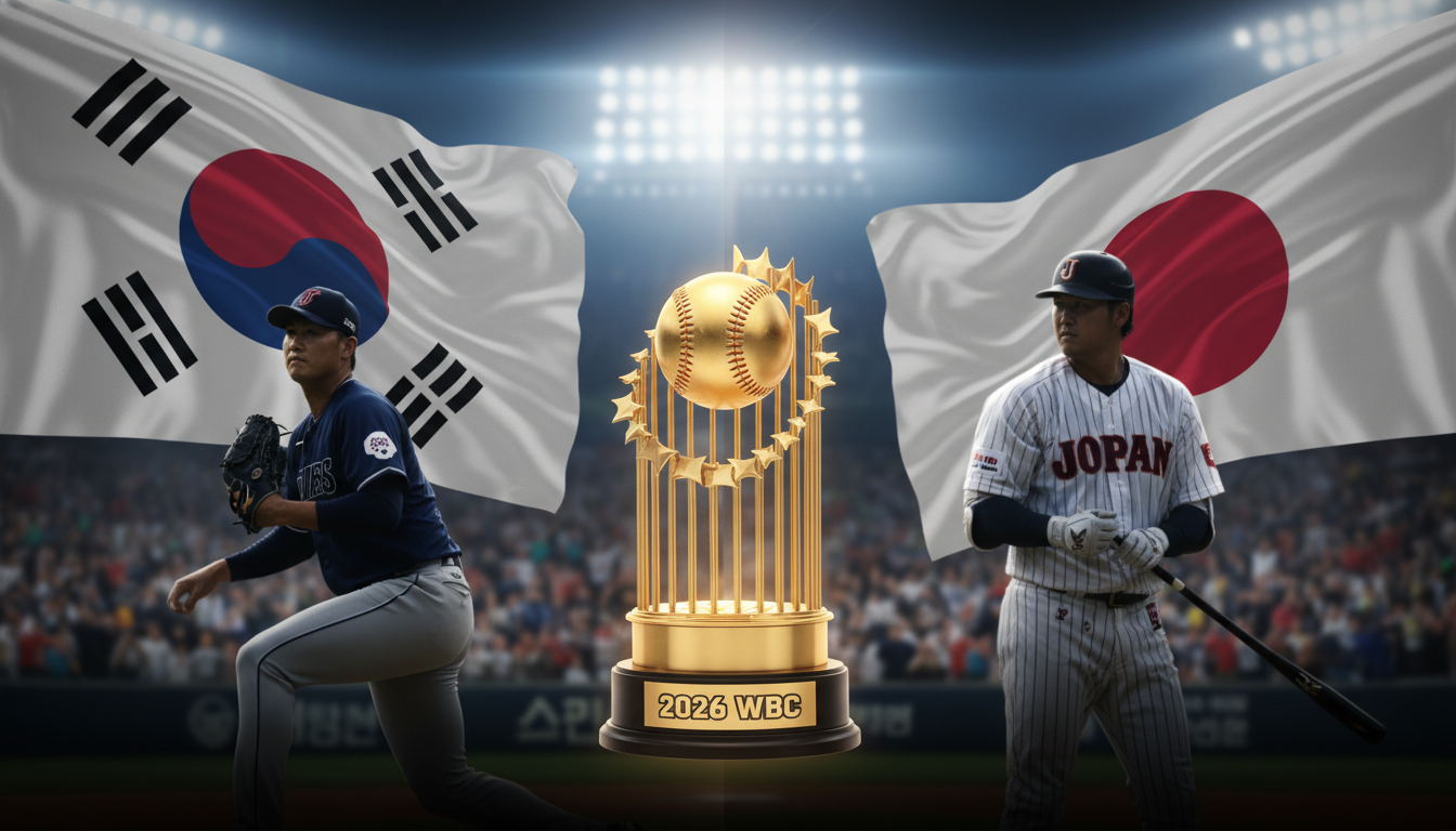 2026 WBC 한일전의 긴장감을 표현한 이미지. 좌측에는 태극기와 한국 투수 실루엣, 우측에는 일장기와 오타니 쇼헤이의 실루엣이 배치되어 있으며 중앙에는 야구공과 WBC 로고가 빛나고 있다.