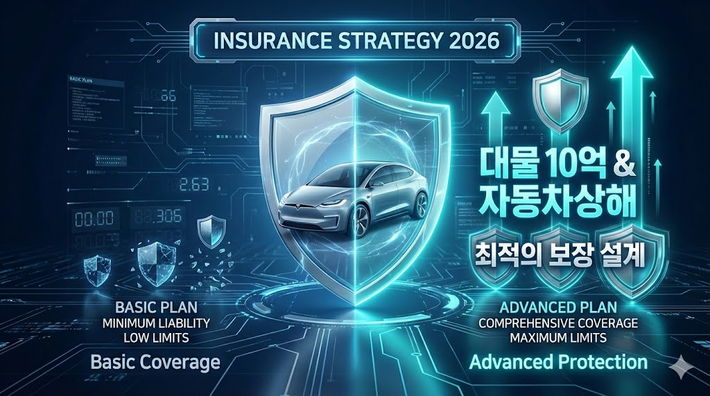 대물 10억 및 자동차상해 등 강력한 보장 설계를 시각화한 하이테크 스타일의 비교 분석 이미지
