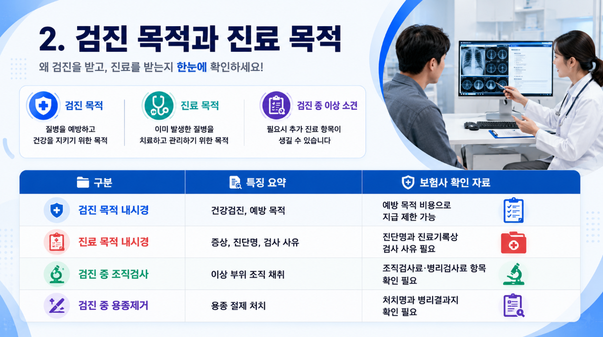 16:9 인포그래픽으로 내시경 비용 항목 요약을 주제로 기본 내시경, 수면내시경, 조직검사, 용종제거와 청구 자료를 표로 정리한 이미지