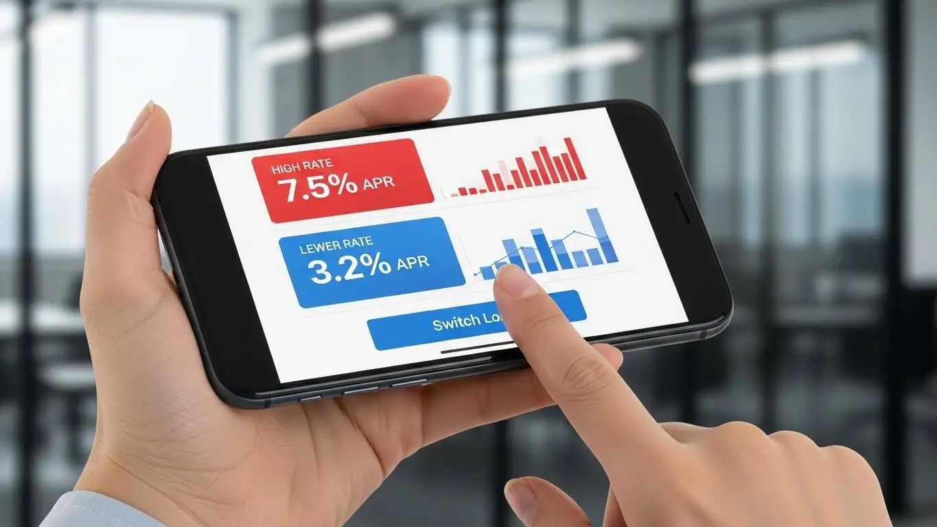 스마트폰 앱을 통해 기존 대출 금리와 신규 대출 금리를 비교하고 갈아타기를 실행하는 모습